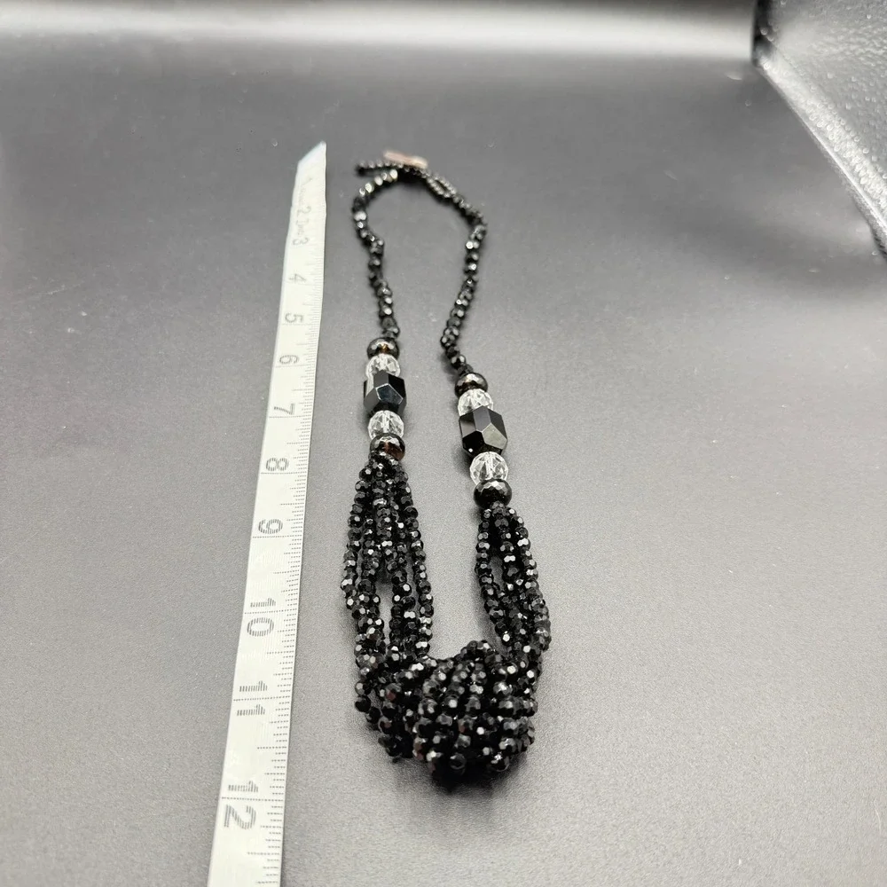 Black Faceted Bead Multi Strand Statement Necklace Knotted Gothic Cocktail Gift